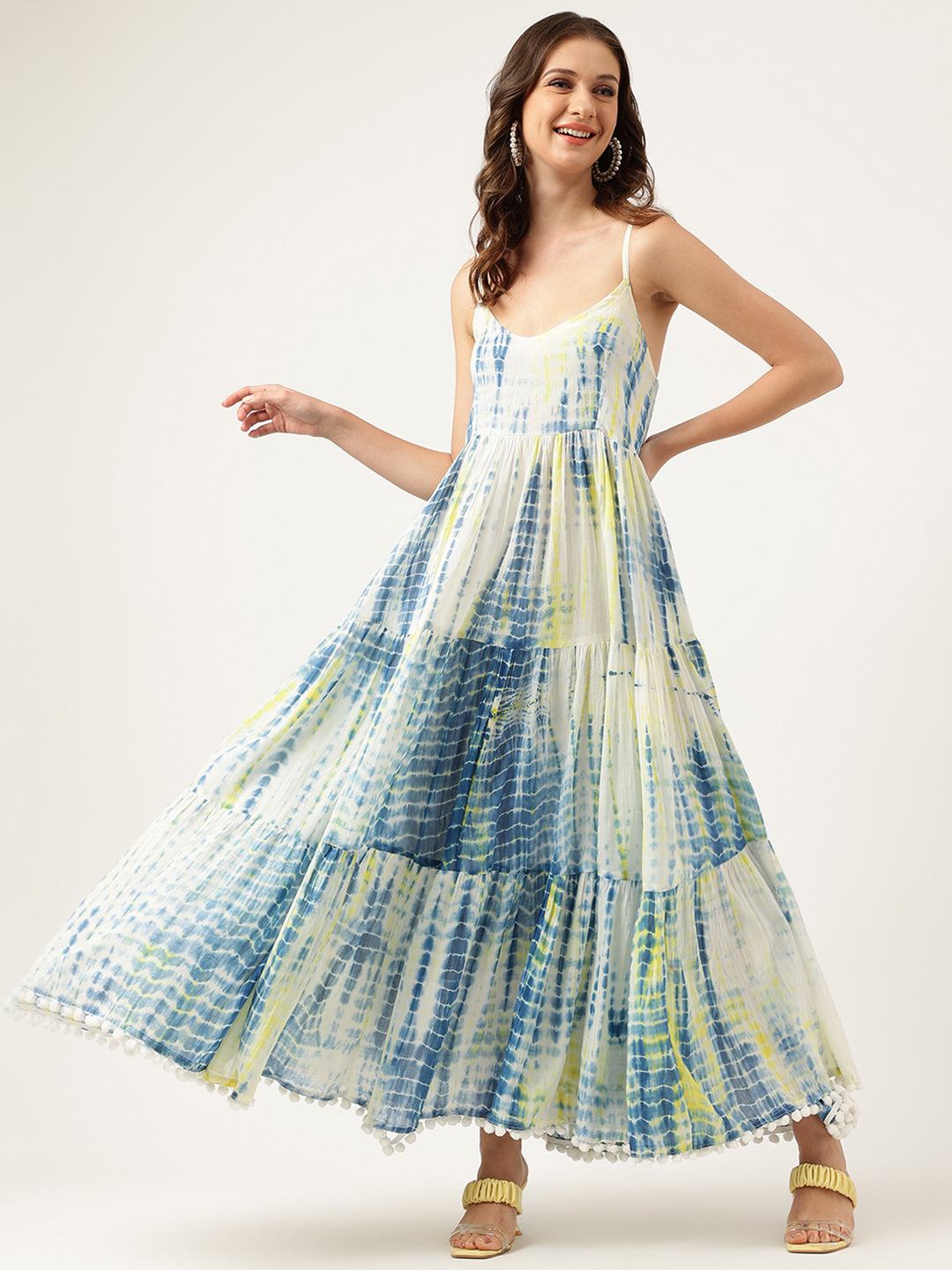 Blue Tie and Dye Dyed with Pom-Pom Detail Maxi Party Wear Dress