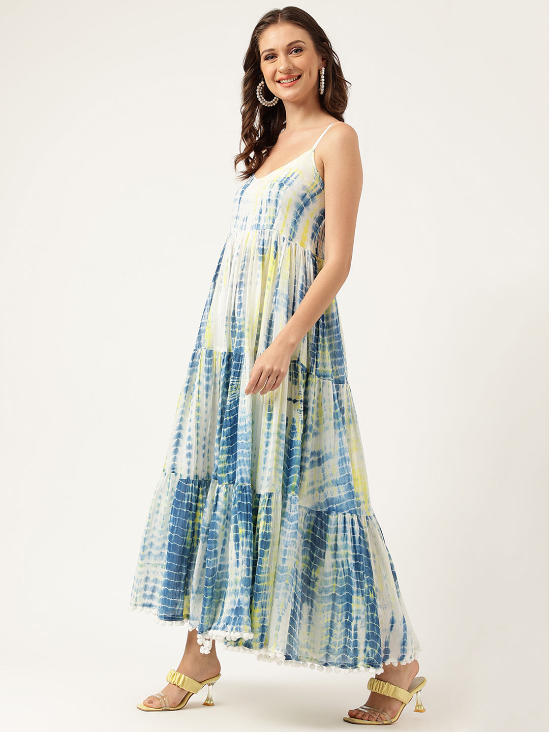 Blue Tie and Dye Dyed with Pom-Pom Detail Maxi Party Wear Dress