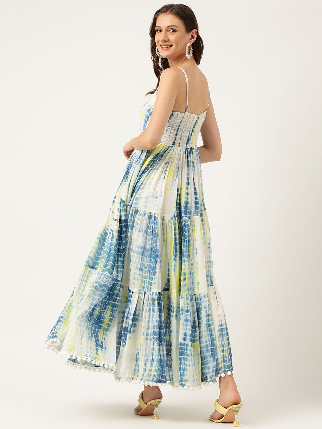 Blue Tie and Dye Dyed with Pom-Pom Detail Maxi Party Wear Dress