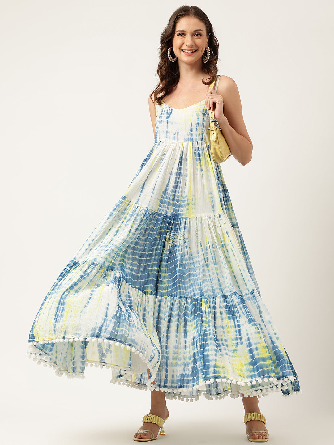 Blue Tie and Dye Dyed with Pom-Pom Detail Maxi Party Wear Dress