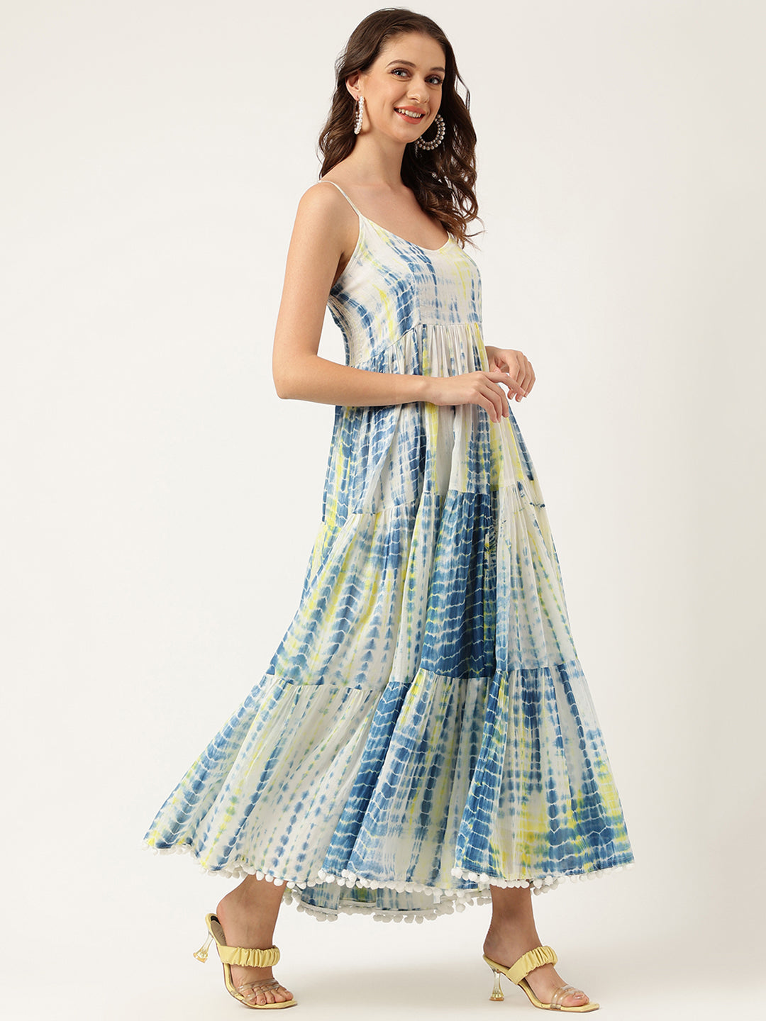 Blue Tie and Dye Dyed with Pom-Pom Detail Maxi Party Wear Dress