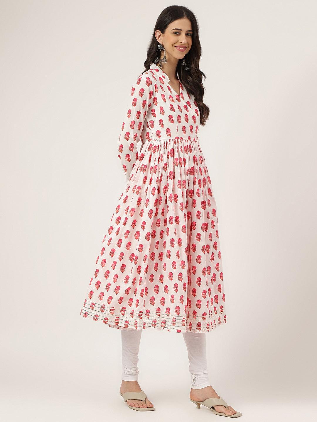 Divena White and Red Floral Printed Angarakha Kurta - divena world