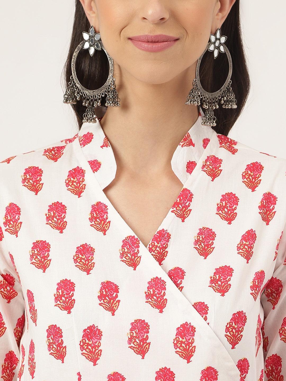 Divena White and Red Floral Printed Angarakha Kurta - divena world