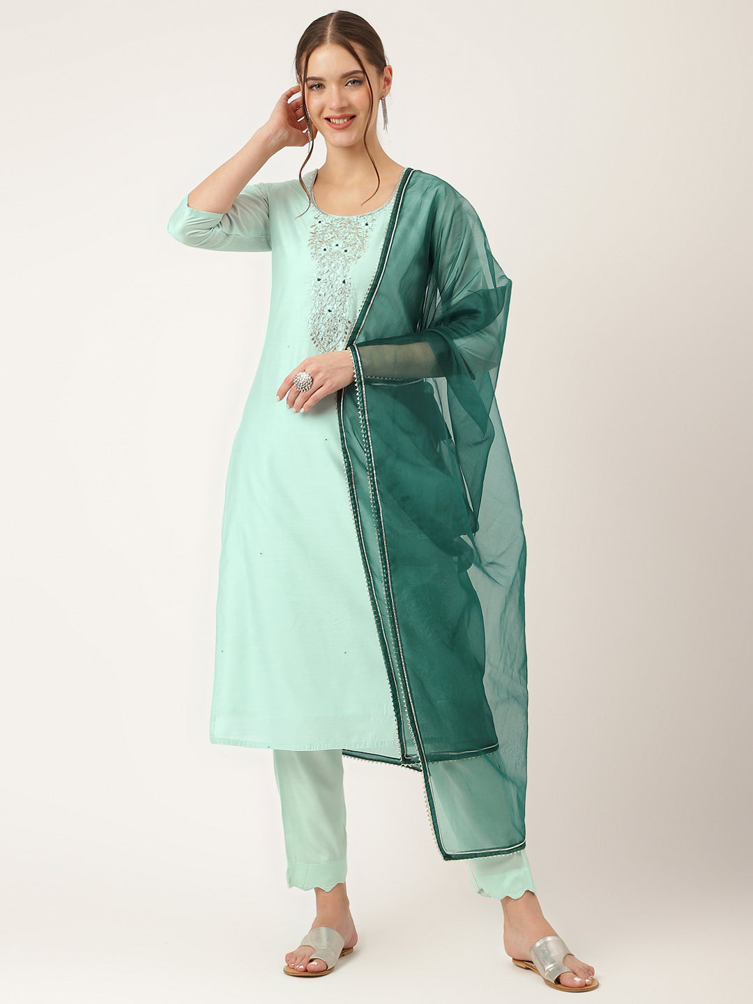 Sea Green Embroidered Chanderi Women Kurta Trouser With Dupatta