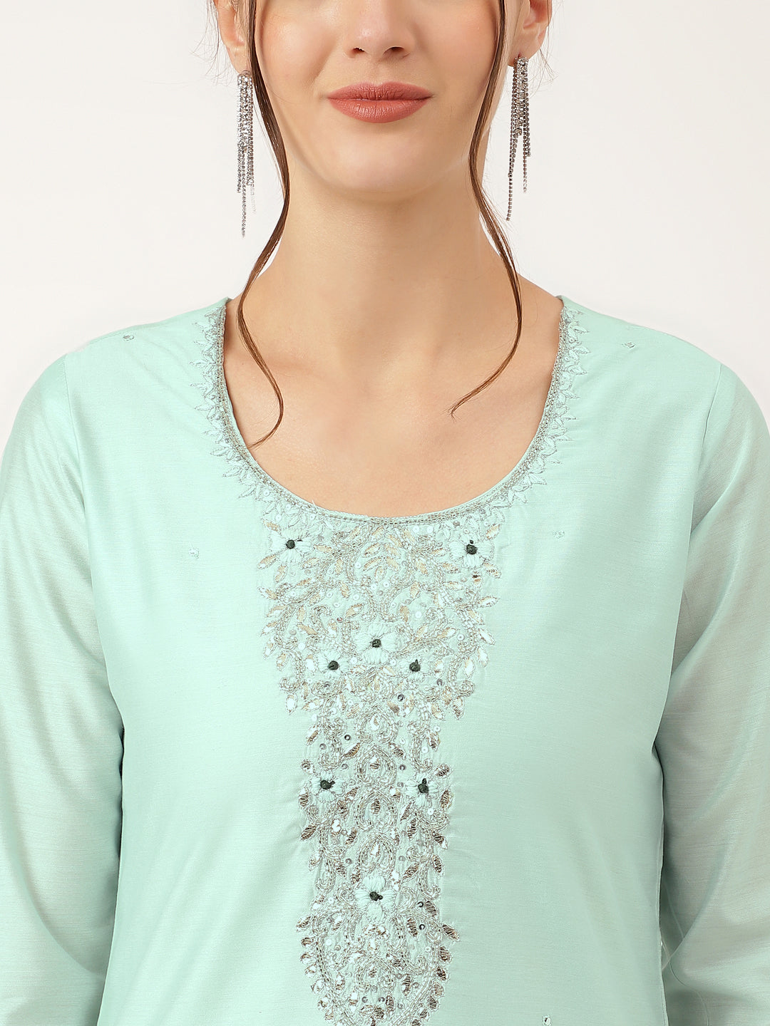 Sea Green Embroidered Chanderi Women Kurta Trouser With Dupatta