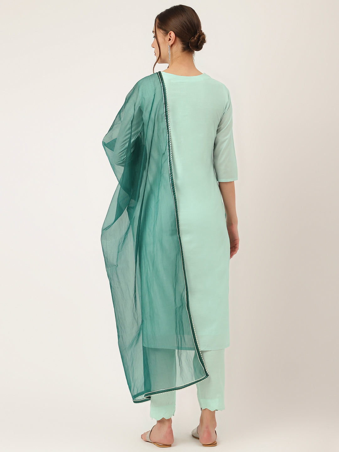 Sea Green Embroidered Chanderi Women Kurta Trouser With Dupatta