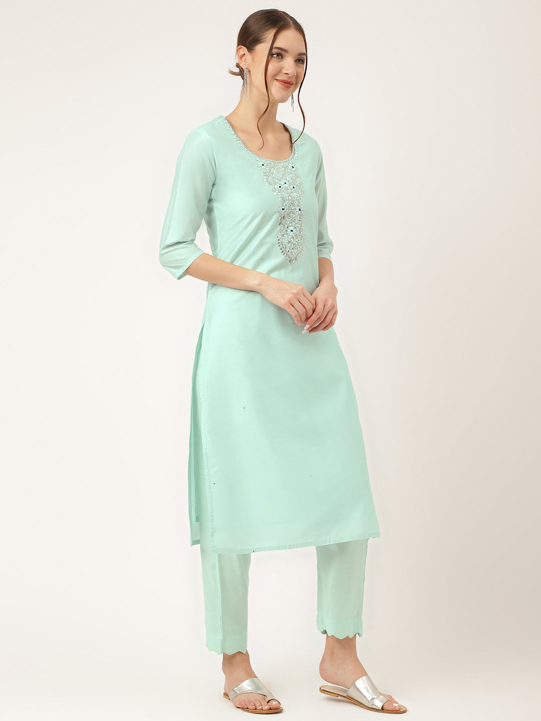 Sea Green Embroidered Chanderi Women Kurta Trouser With Dupatta
