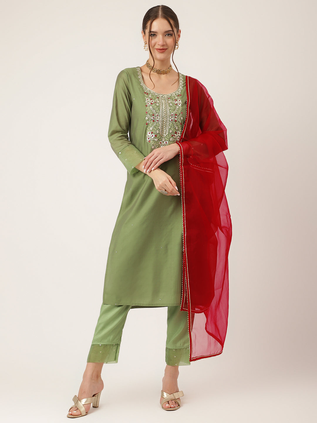 Green Embroidered Chanderi Kurta Set, Trouser With Dupatta For Women
