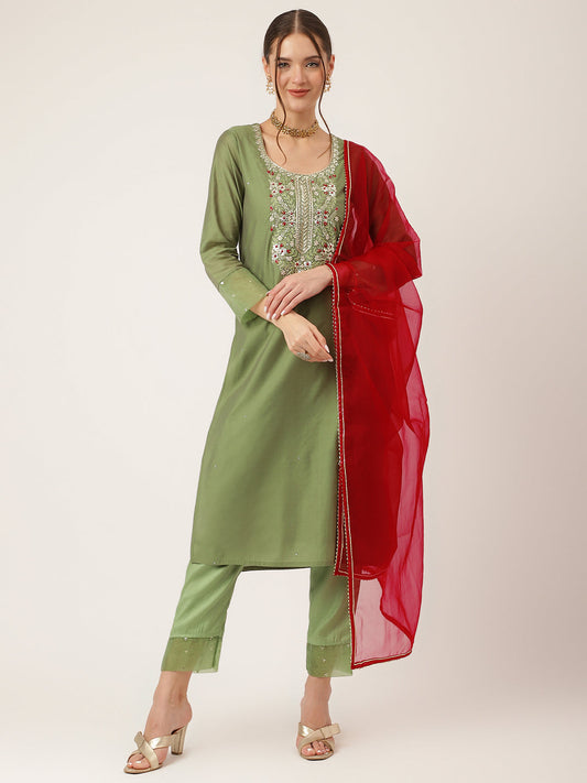 Divena Green Embroidered  Chanderi  Kurta, Trouser With Dupatta