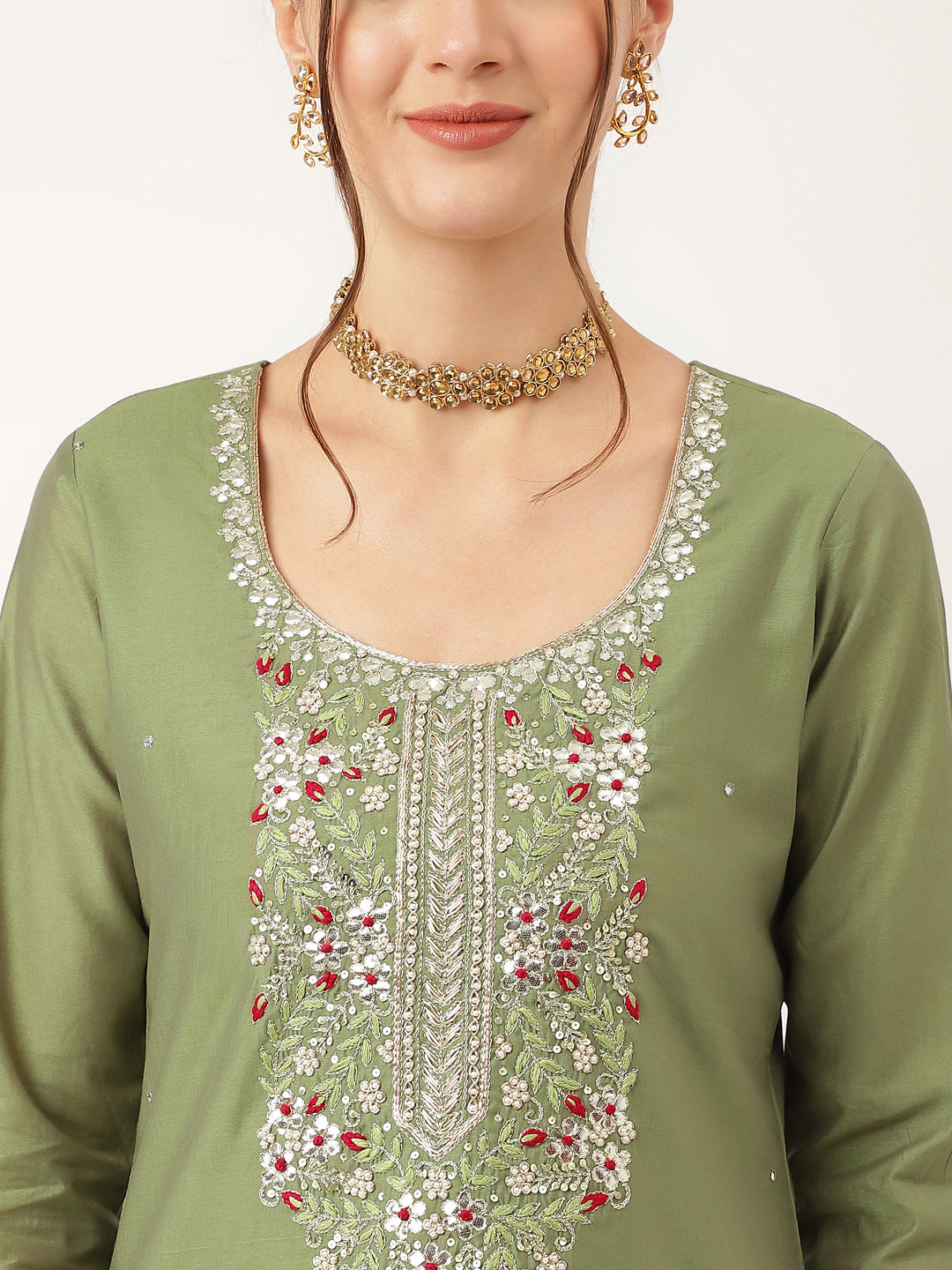 Green Embroidered Chanderi Kurta Set, Trouser With Dupatta For Women