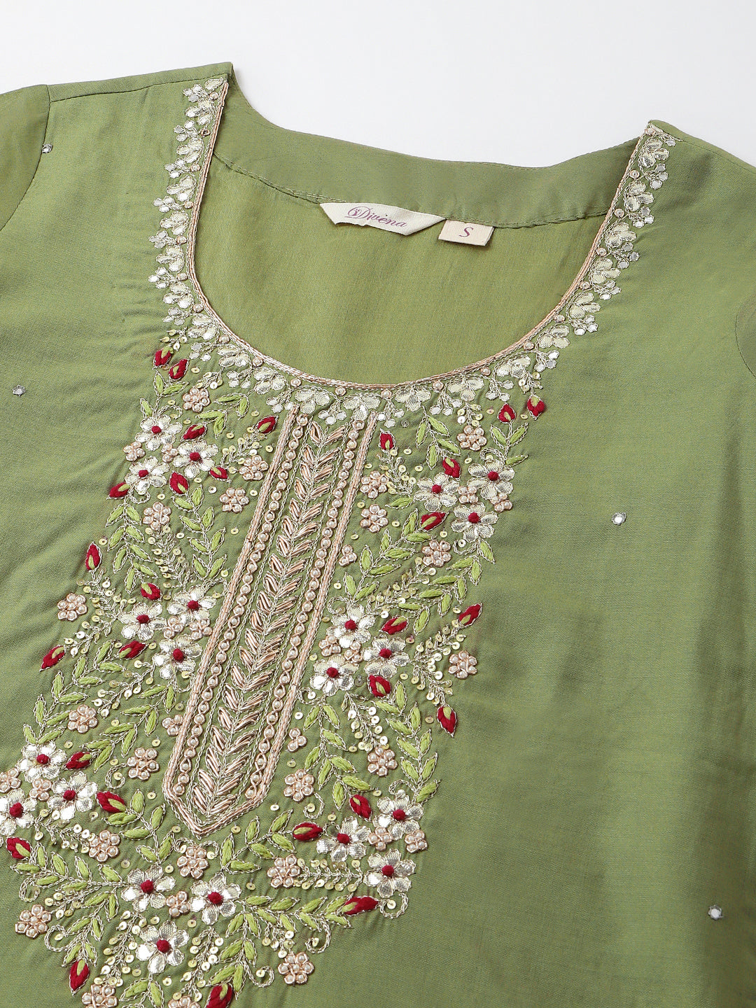 Green Embroidered Chanderi Kurta Set, Trouser With Dupatta For Women