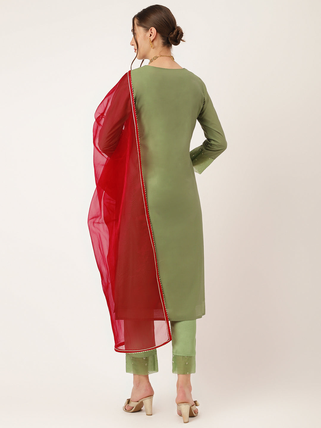 Green Embroidered Chanderi Kurta Set, Trouser With Dupatta For Women