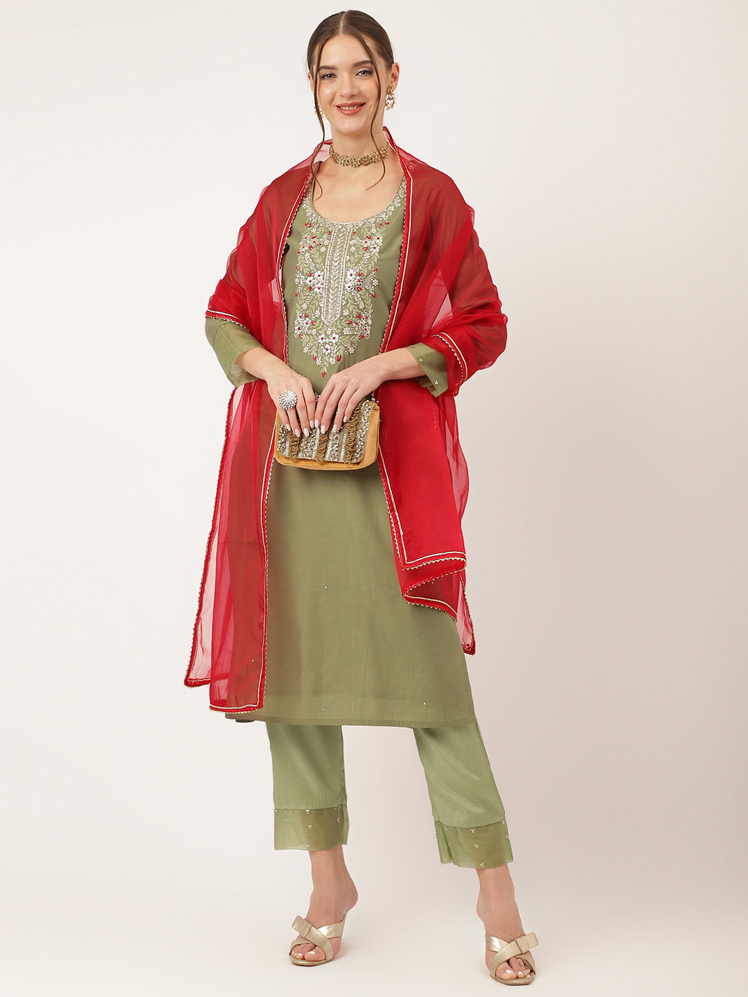 Green Embroidered Chanderi Kurta Set, Trouser With Dupatta For Women