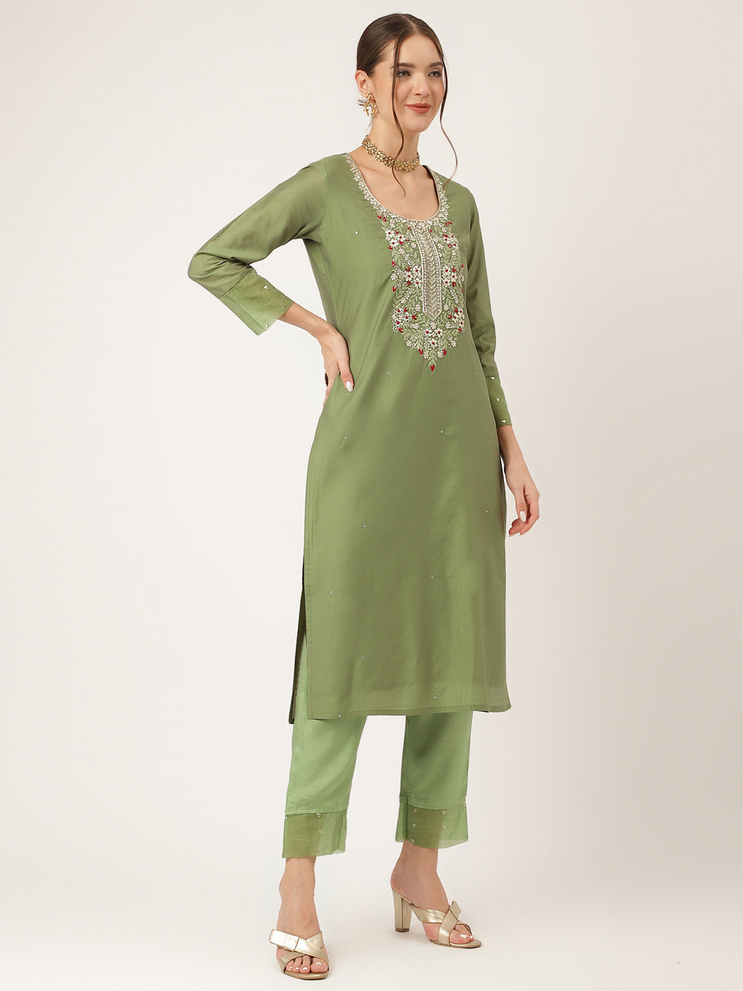 Green Embroidered Chanderi Kurta Set, Trouser With Dupatta For Women