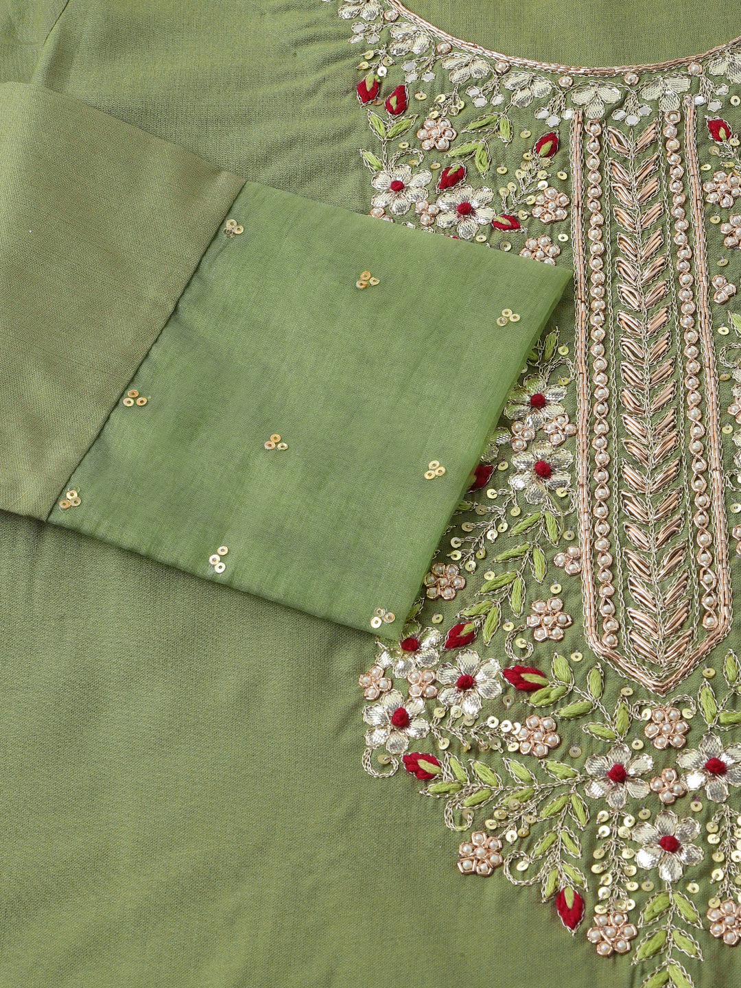 Green Embroidered Chanderi Kurta Set, Trouser With Dupatta For Women