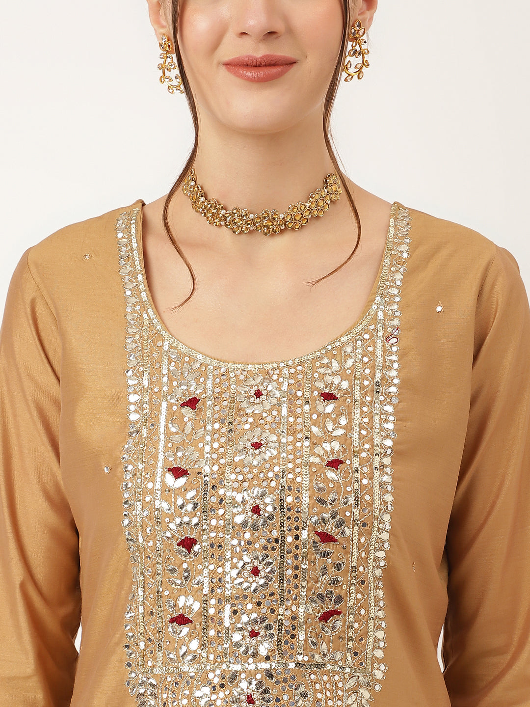 Brown Embroidered Chanderi Kurta Set Trouser With Dupatta For Women