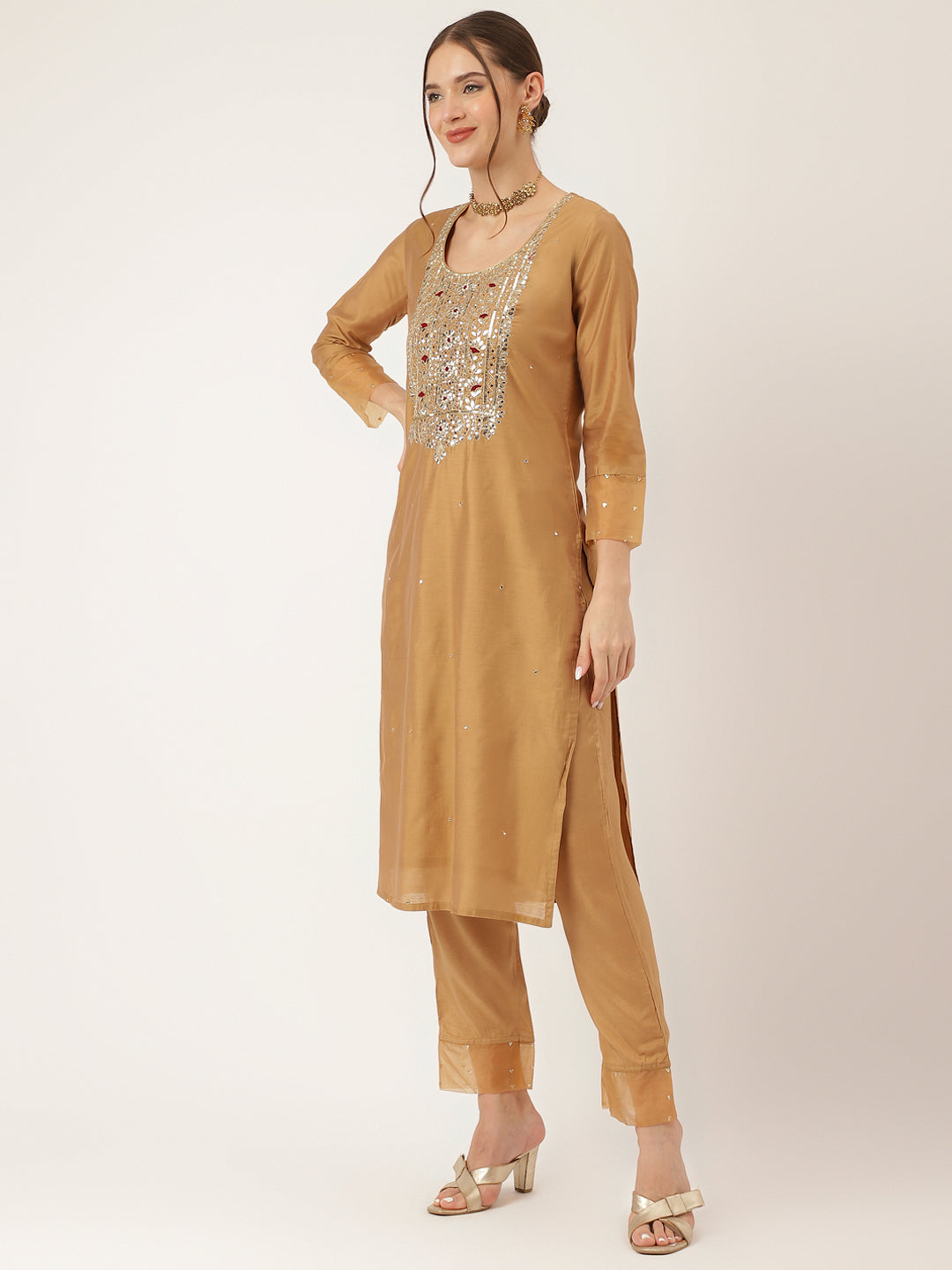 Brown Embroidered Chanderi Kurta Set Trouser With Dupatta For Women