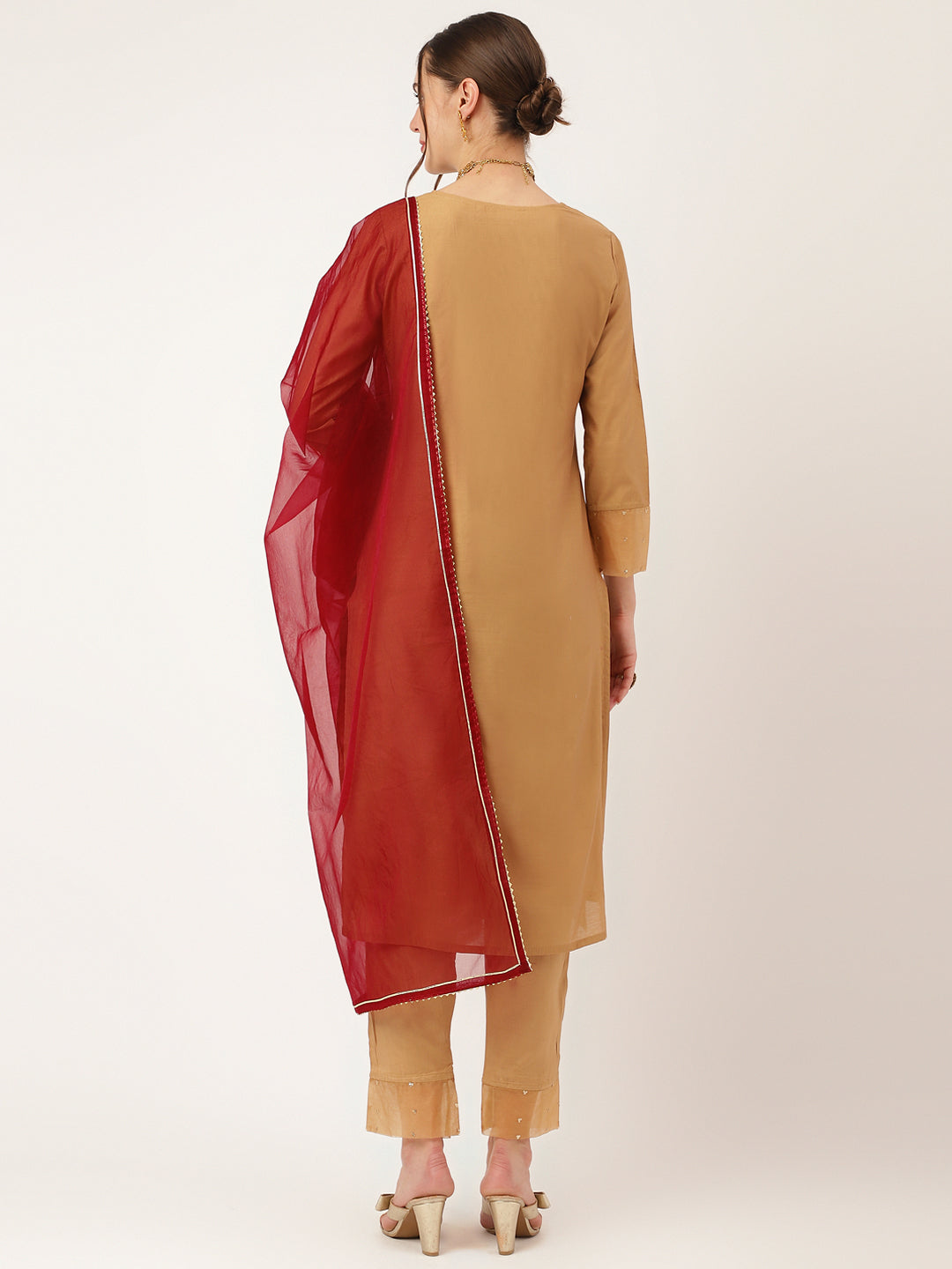Brown Embroidered Chanderi Kurta Set Trouser With Dupatta For Women