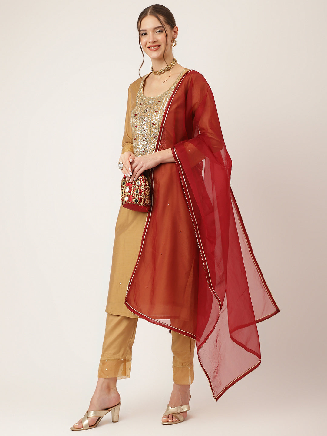 Brown Embroidered Chanderi Kurta Set Trouser With Dupatta For Women