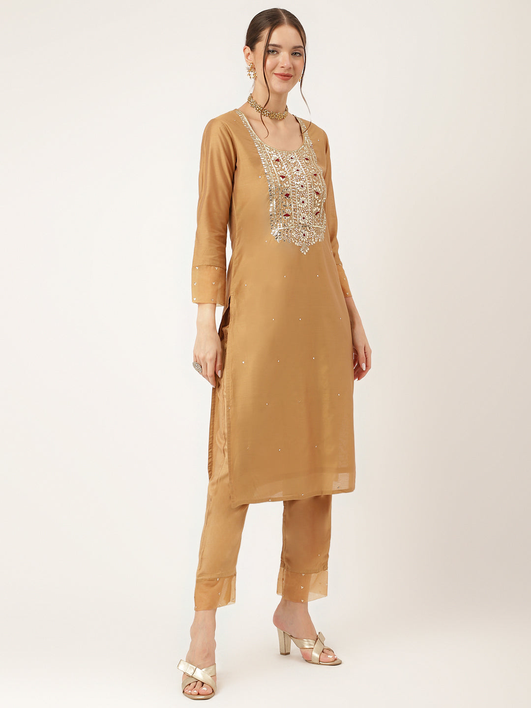 Brown Embroidered Chanderi Kurta Set Trouser With Dupatta For Women
