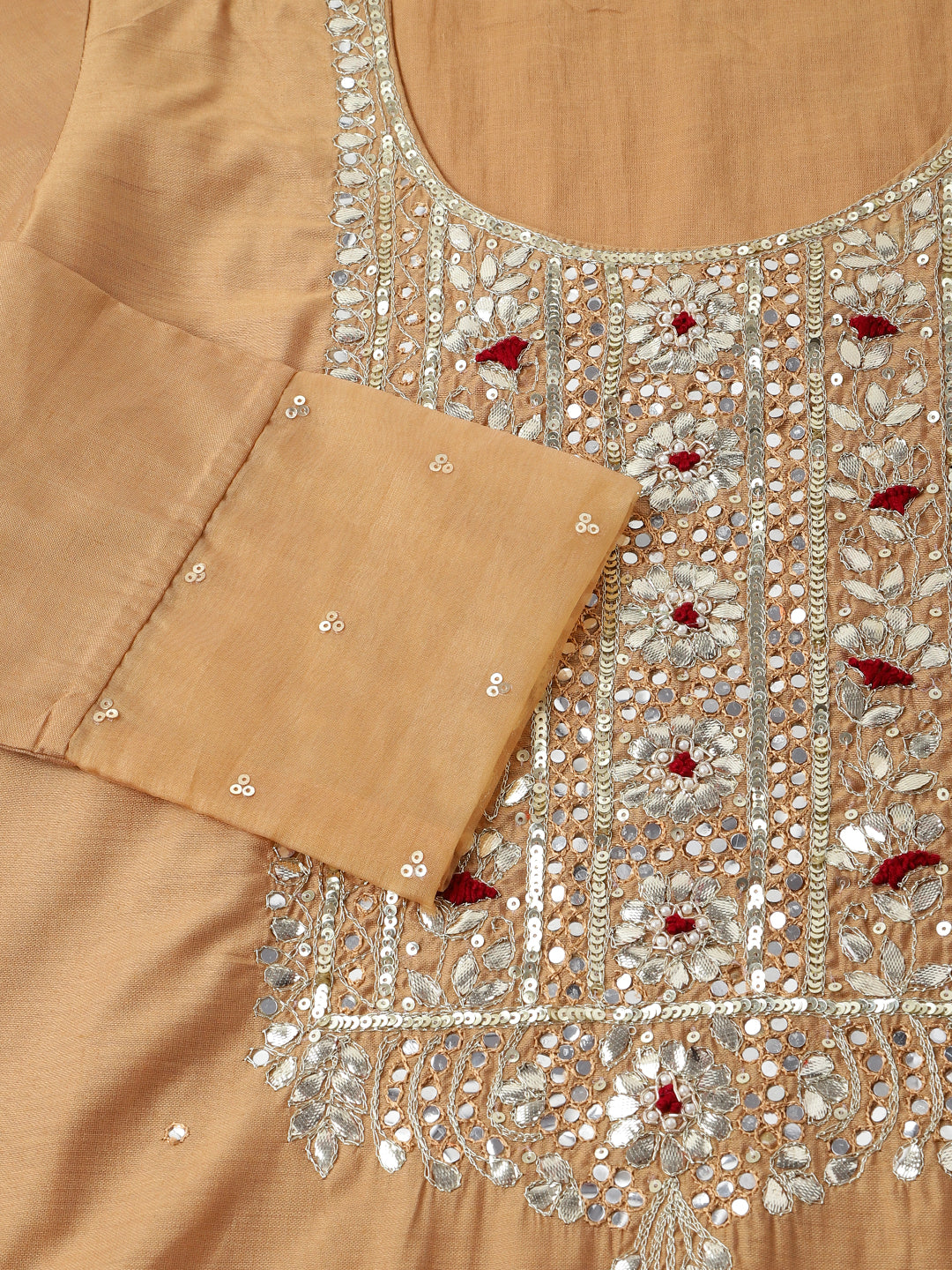 Brown Embroidered Chanderi Kurta Set Trouser With Dupatta For Women