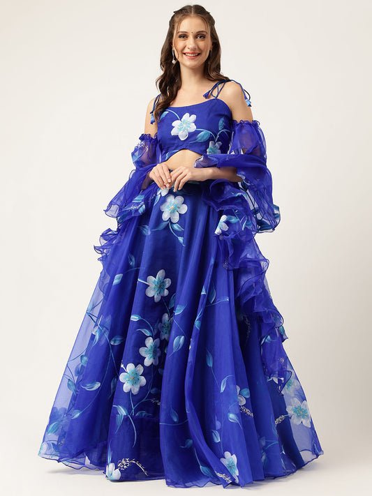 Blue Floral Hand Painted Party Wear Lehenga Set