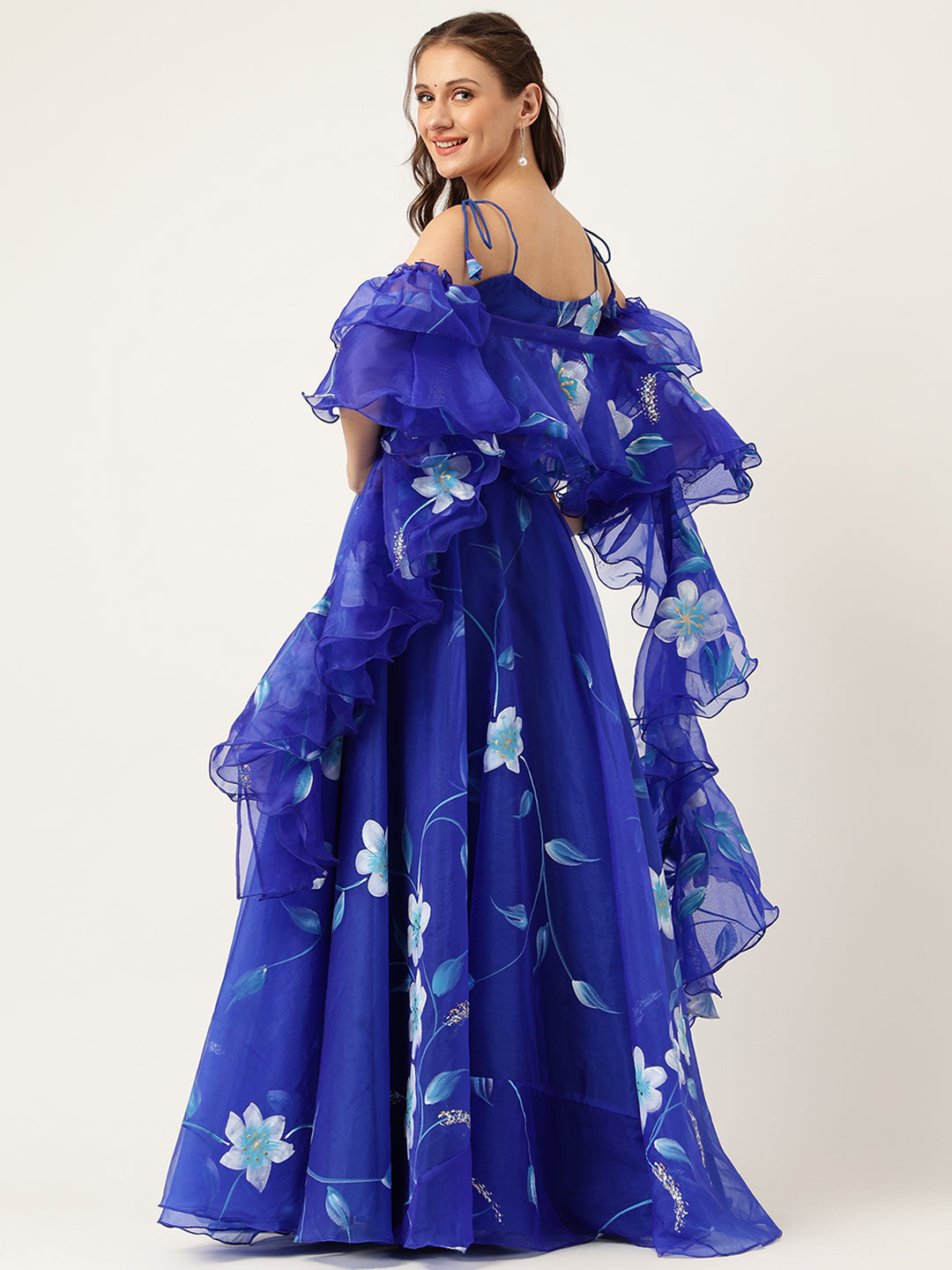 Blue Floral Hand Painted Party Wear Lehenga Set