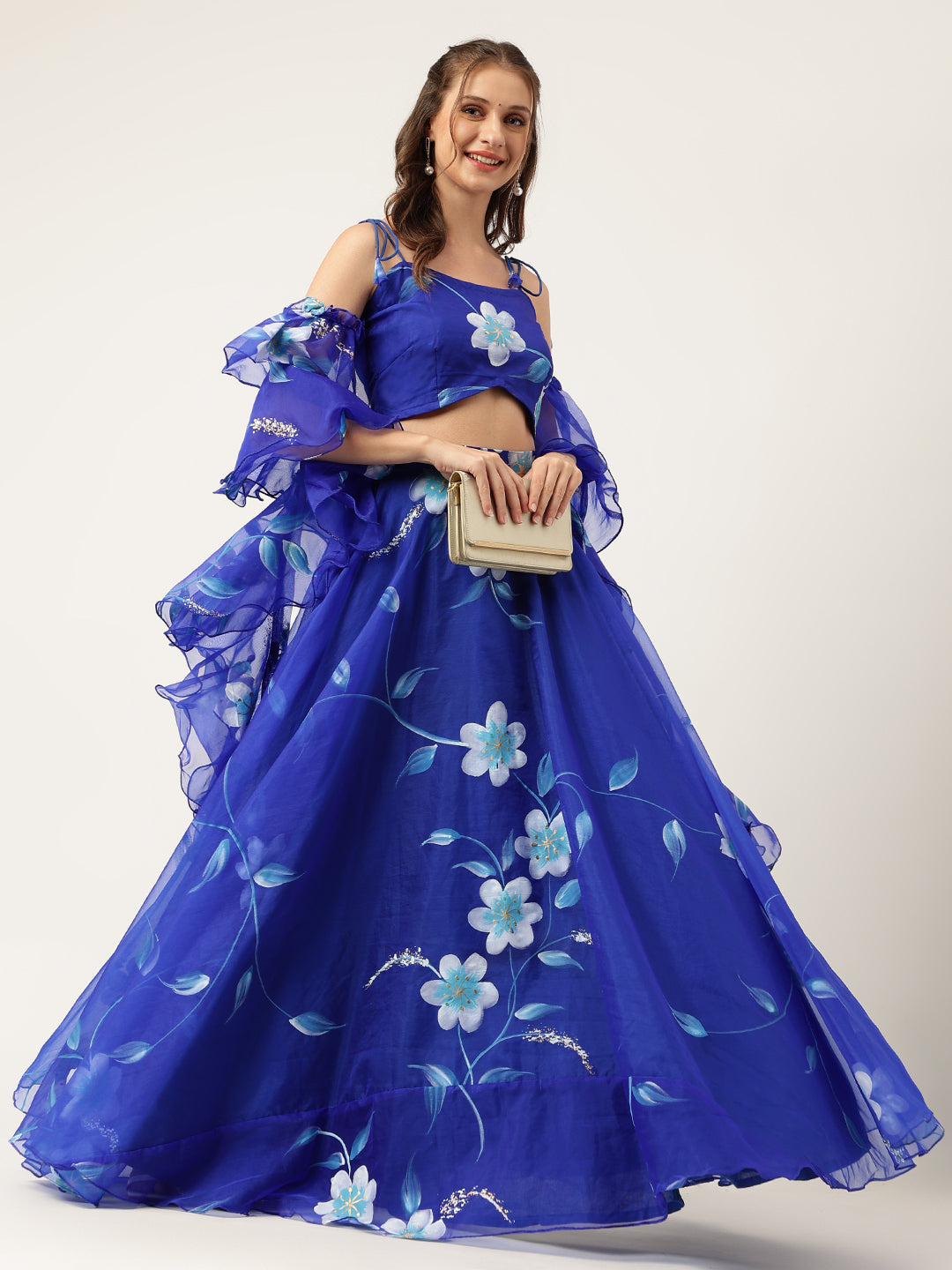 Blue Floral Hand Painted Party Wear Lehenga Set