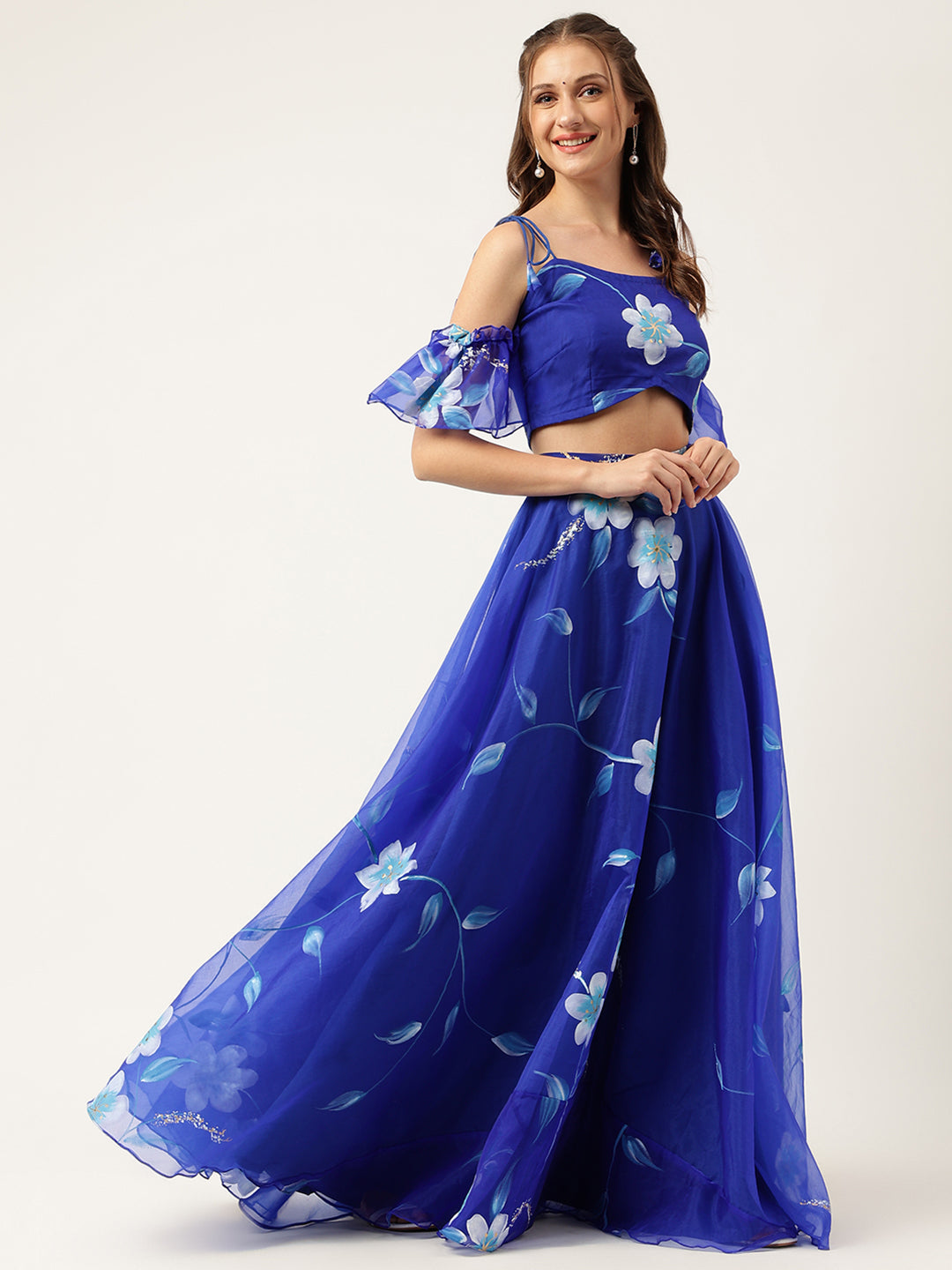 Blue Floral Hand Painted Party Wear Lehenga Set