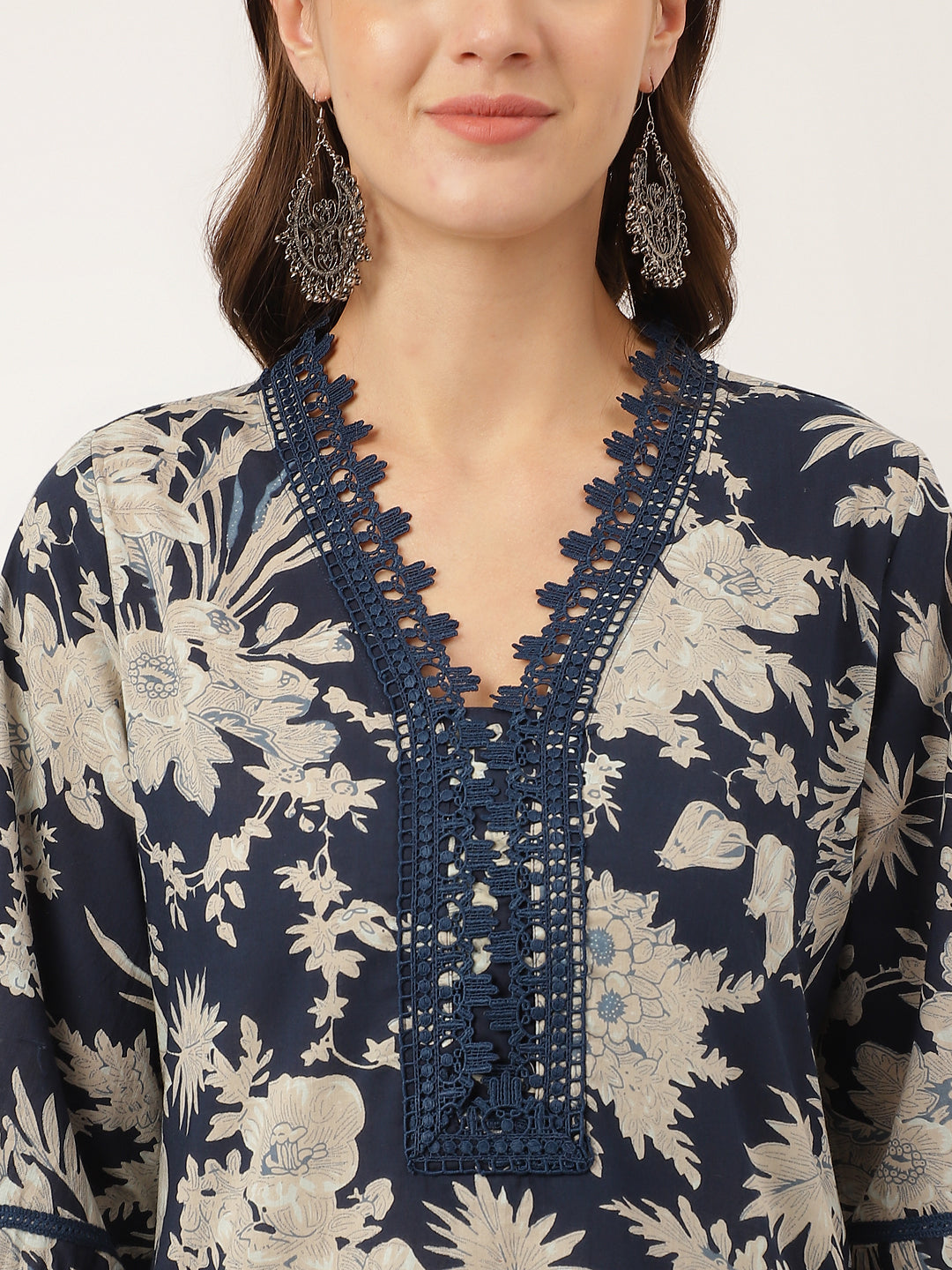 Navy Blue Floral Print Cotton Kurta Set Trouser With Dupatta