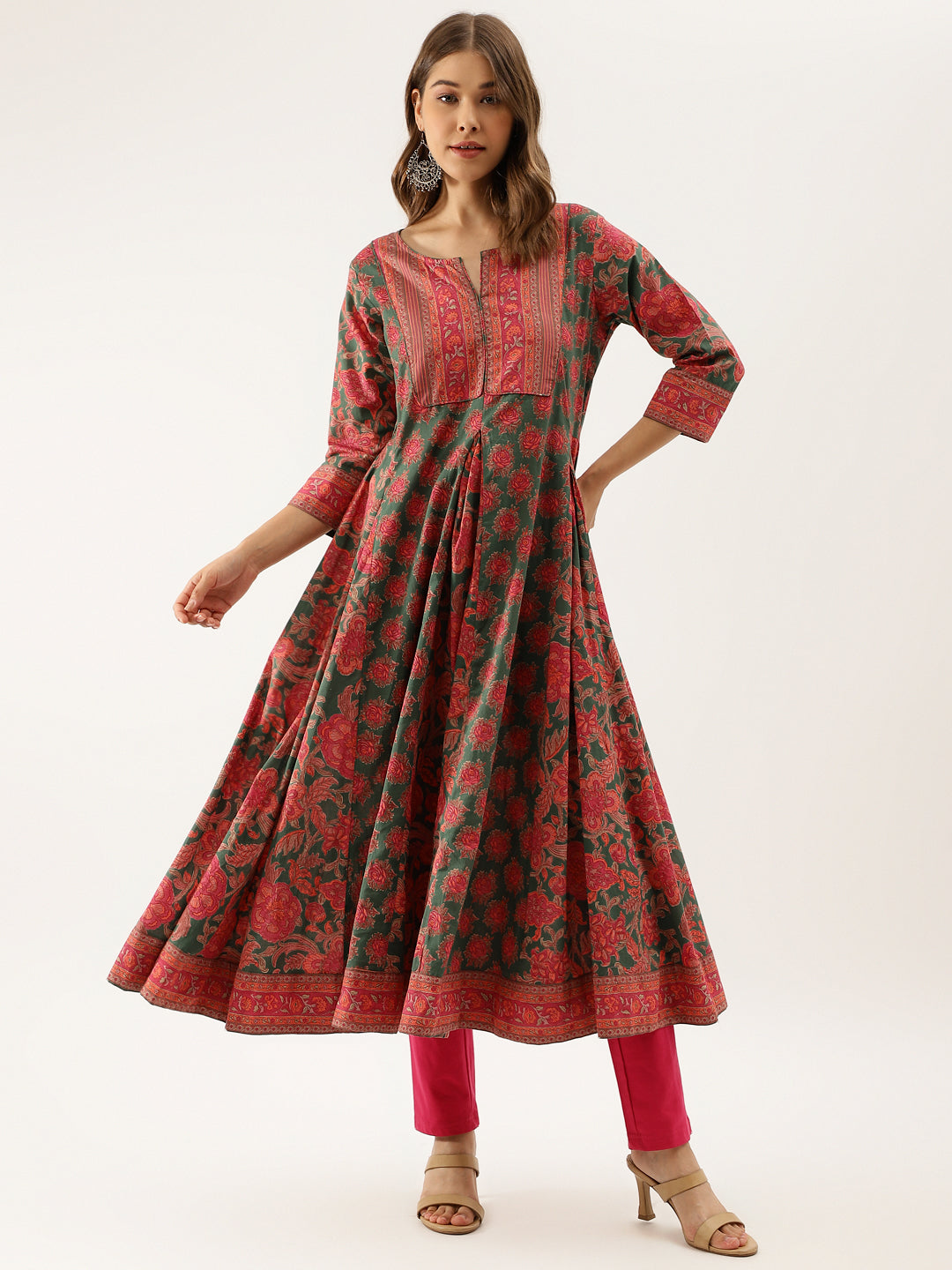 Green Floral Printed Flared Ethnic Kurta Dress for Women