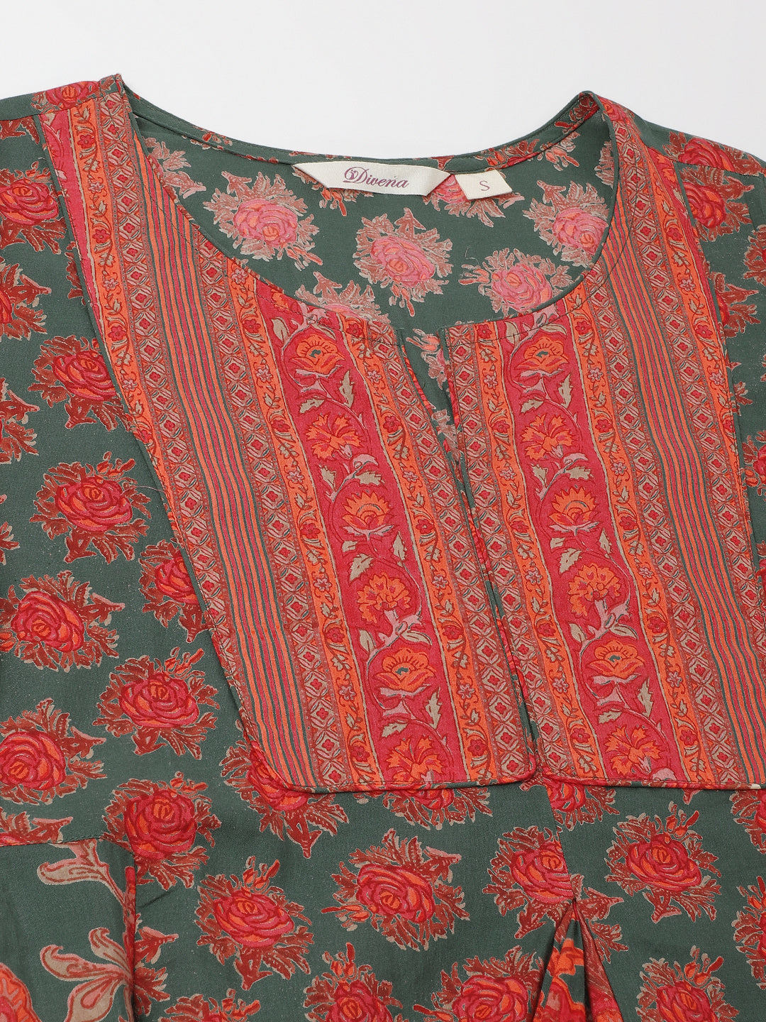 Green Floral Printed Flared Ethnic Kurta Dress for Women