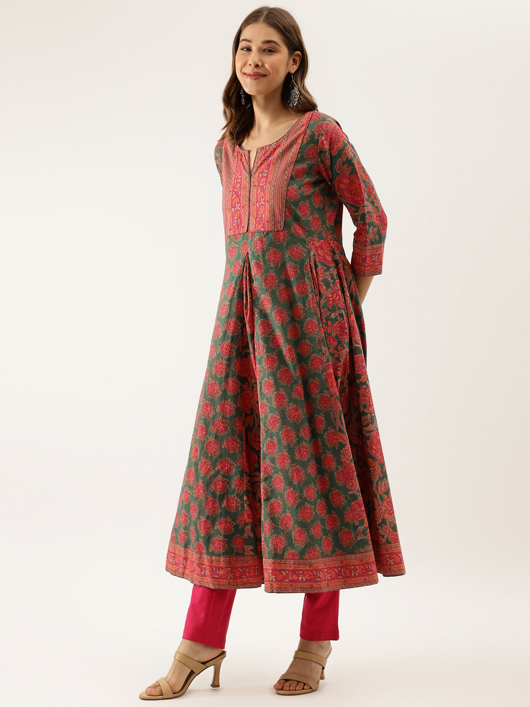 Green Floral Printed Flared Ethnic Kurta Dress for Women