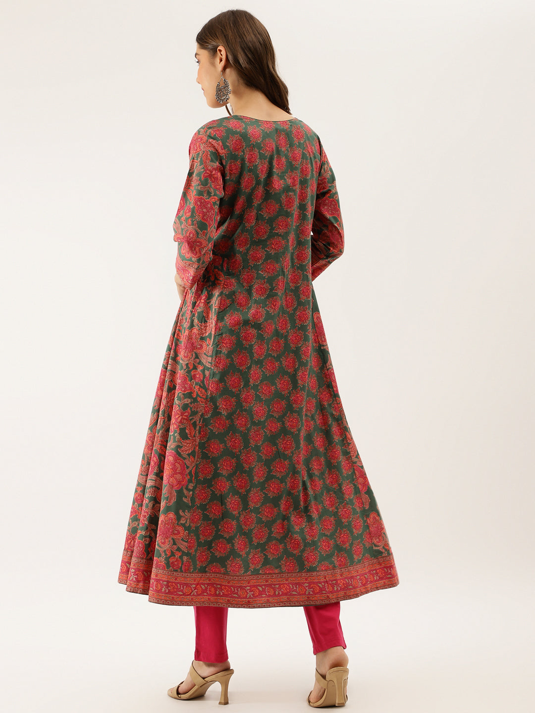 Green Floral Printed Flared Ethnic Kurta Dress for Women