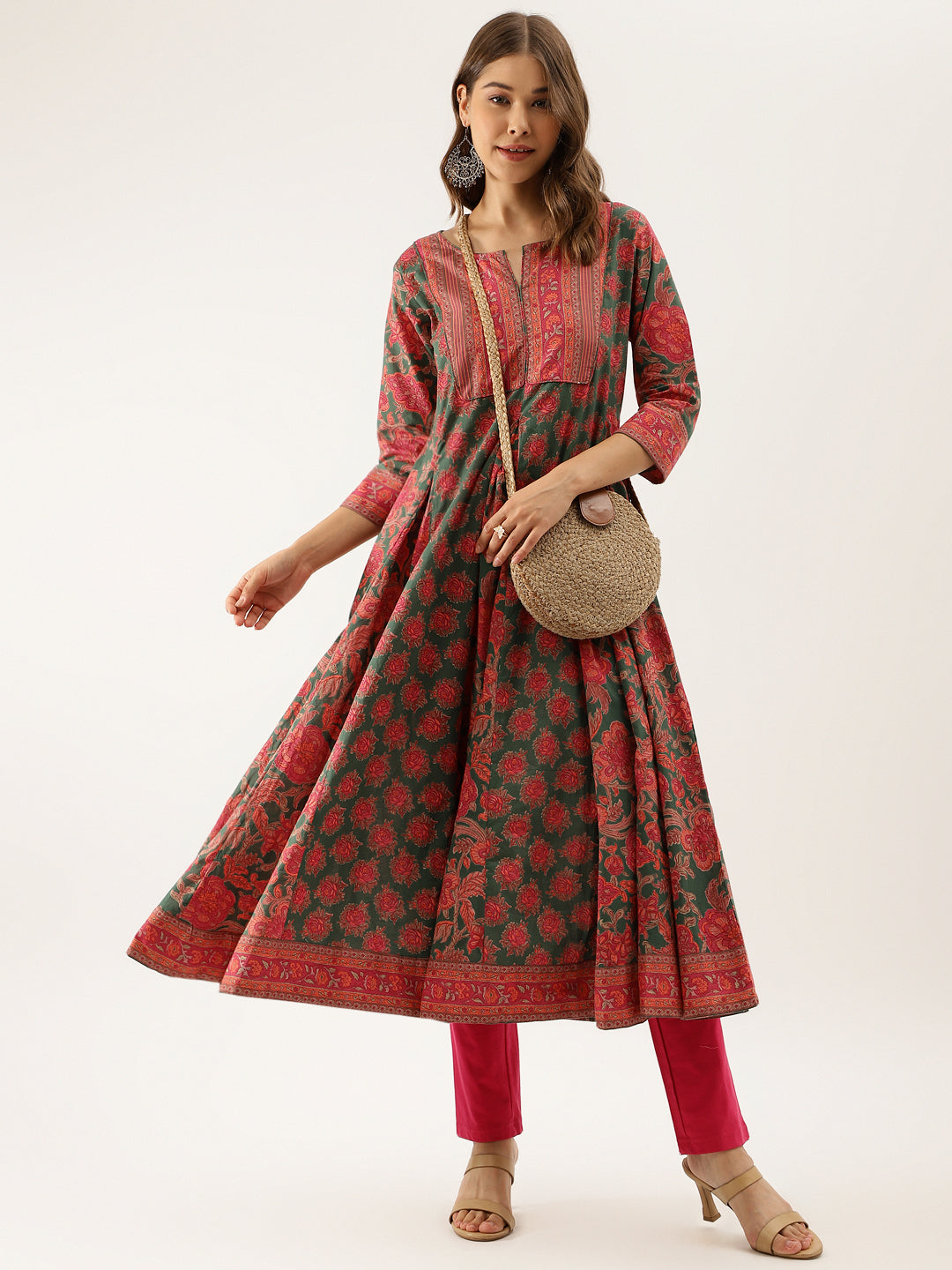 Green Floral Printed Flared Ethnic Kurta Dress for Women
