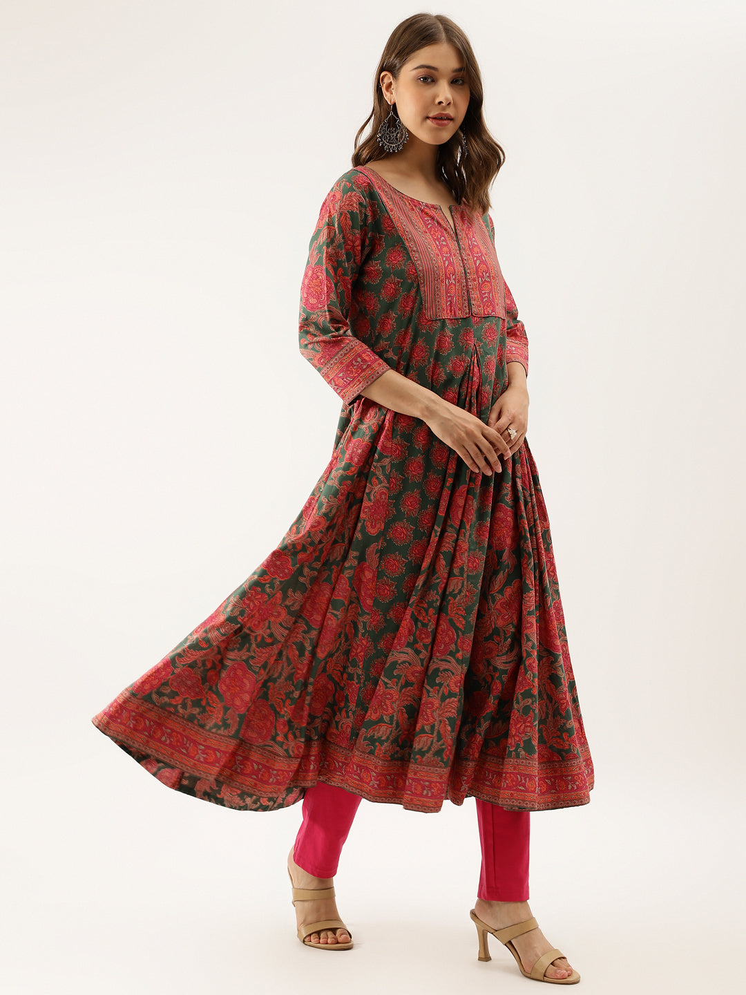Green Floral Printed Flared Ethnic Kurta Dress for Women