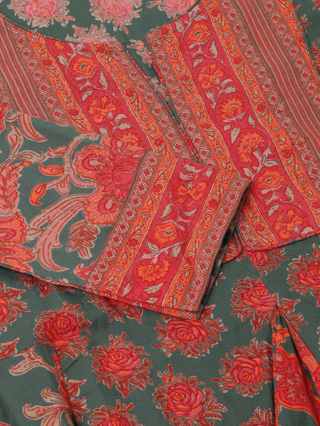 Green Floral Printed Flared Ethnic Kurta Dress for Women