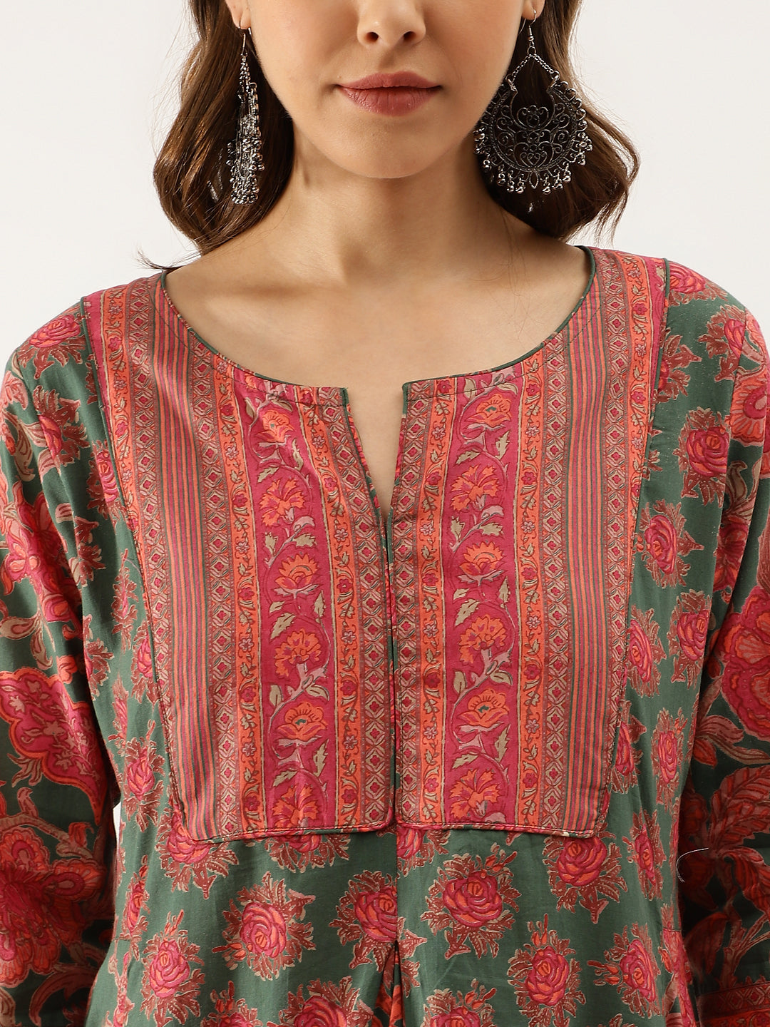 Green Floral Printed Flared Ethnic Kurta Dress for Women