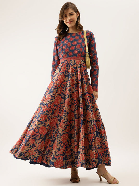 Blue Maroon Cotton Ethnic Long Party Wear Kurta for Women