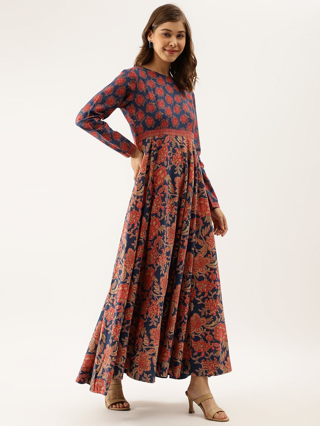 Blue Maroon Cotton Ethnic Long Party Wear Kurta for Women