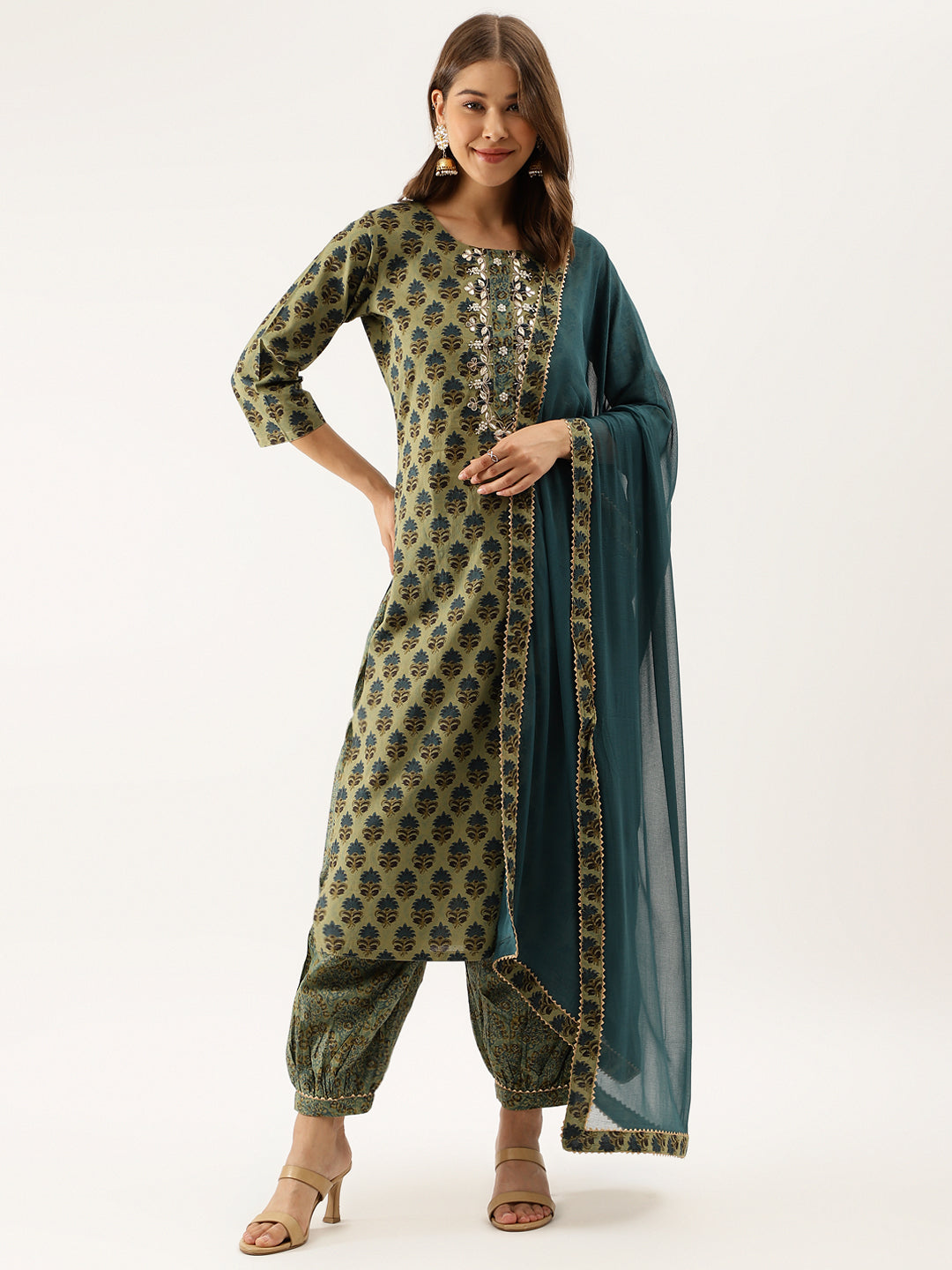 Green Floral Print Cotton Embroidered Kurta Set with Dupatta For Women
