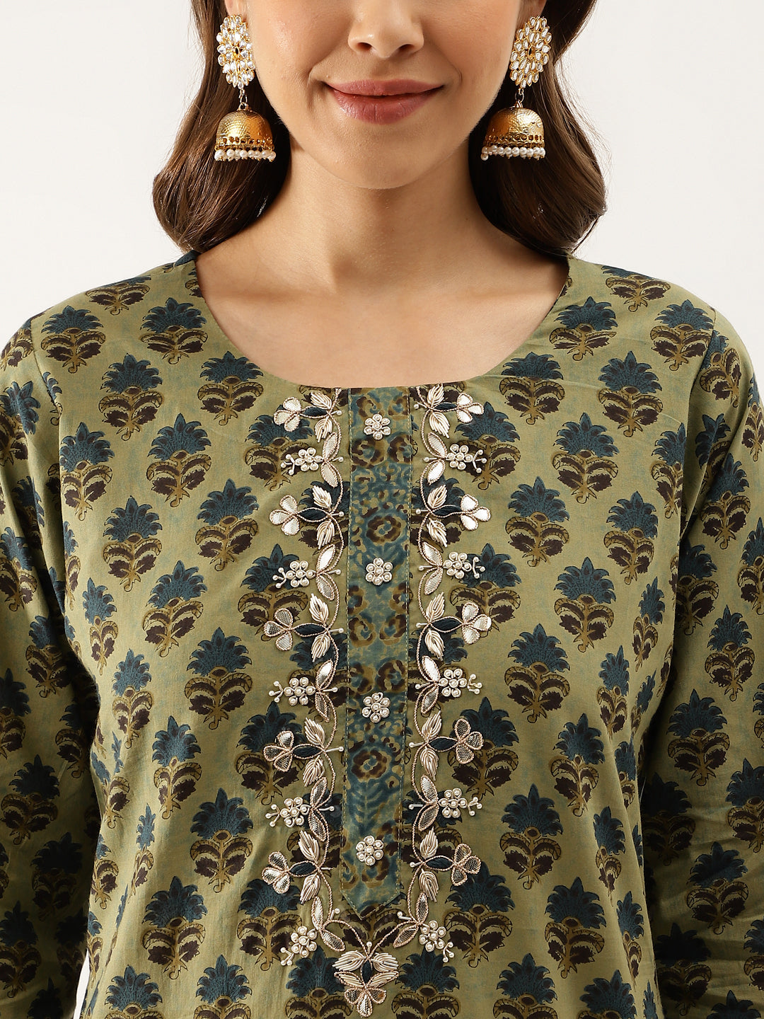 Green Floral Print Cotton Embroidered Kurta Set with Dupatta For Women