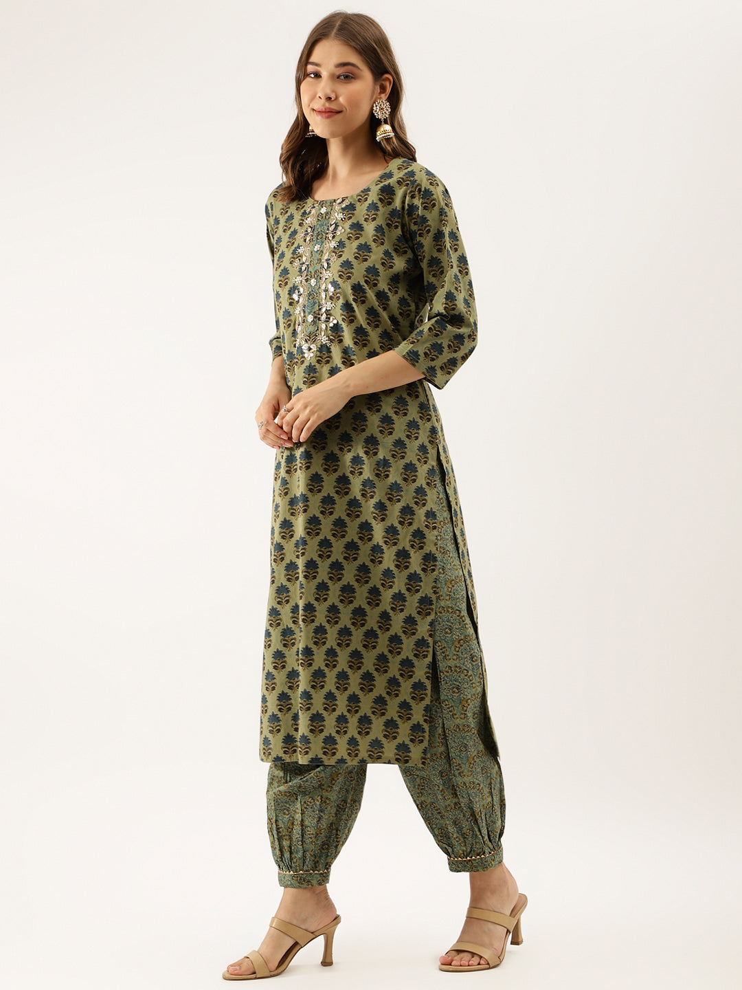 Green Floral Print Cotton Embroidered Kurta Set with Dupatta For Women