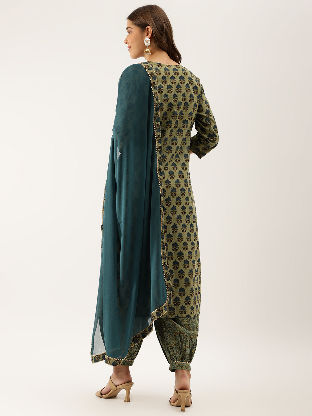 Green Floral Print Cotton Embroidered Kurta Set with Dupatta For Women