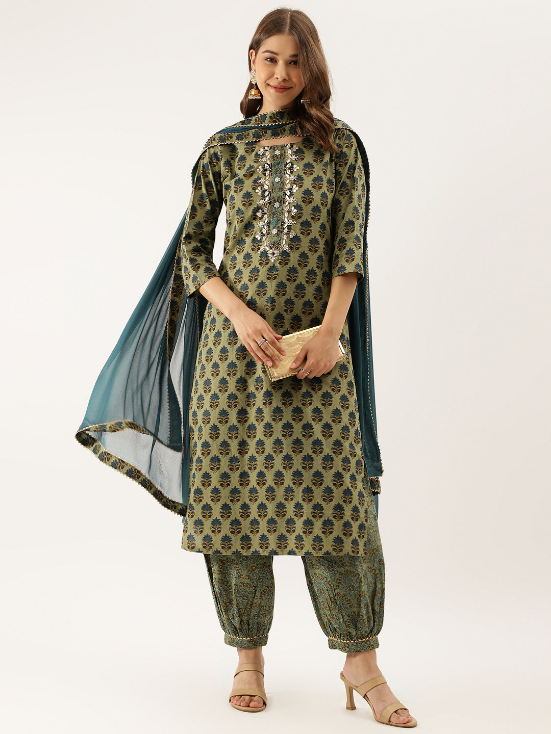 Green Floral Print Cotton Embroidered Kurta Set with Dupatta For Women