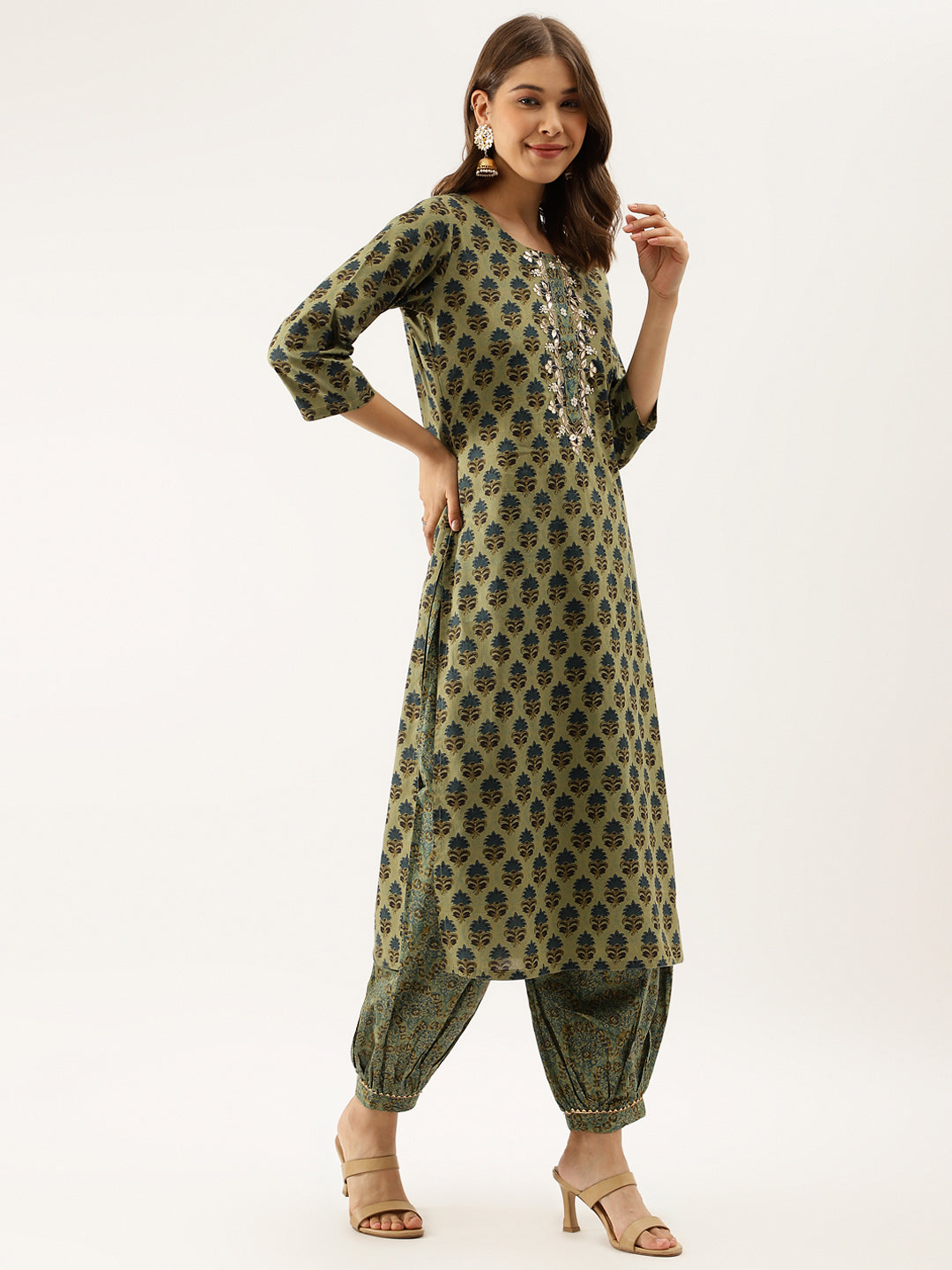 Green Floral Print Cotton Embroidered Kurta Set with Dupatta For Women