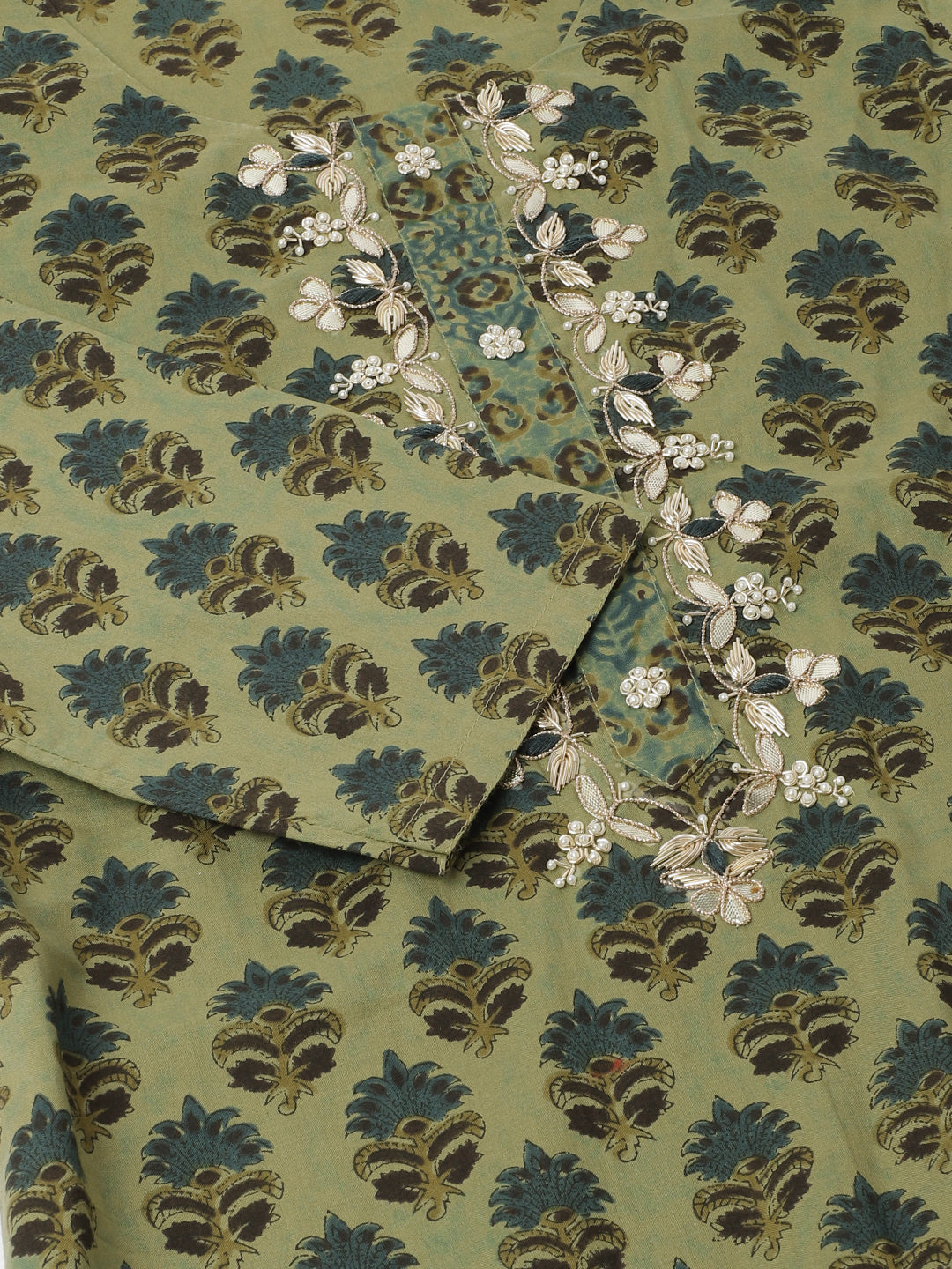 Green Floral Print Cotton Embroidered Kurta Set with Dupatta For Women
