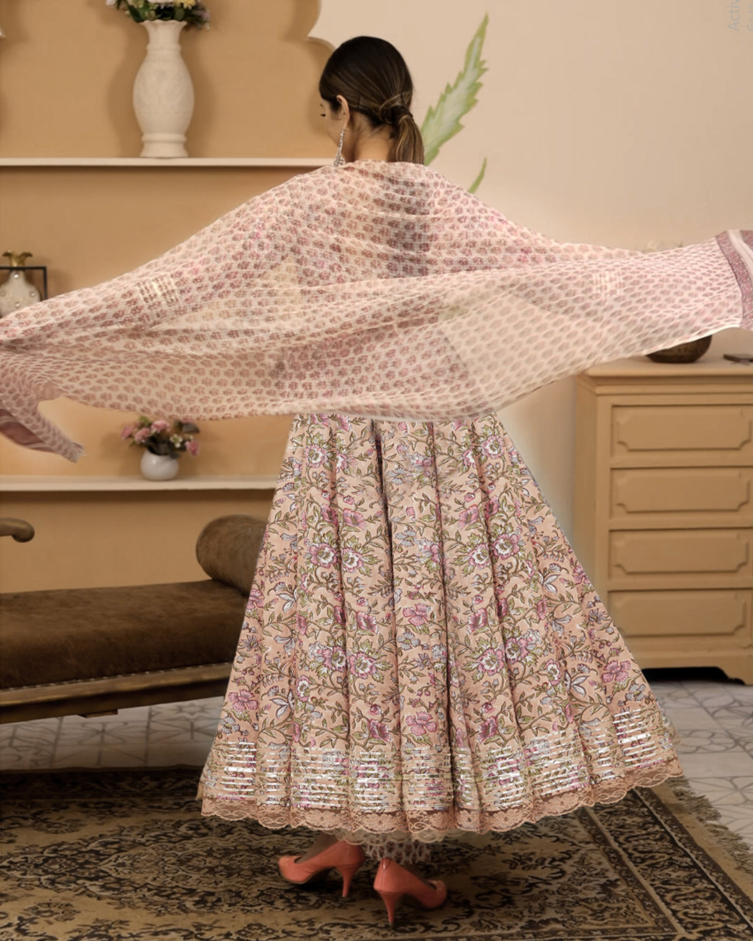 Handblock Floral Printed Beige Anarkali Cotton Kurta Set, Trousers & Dupatta