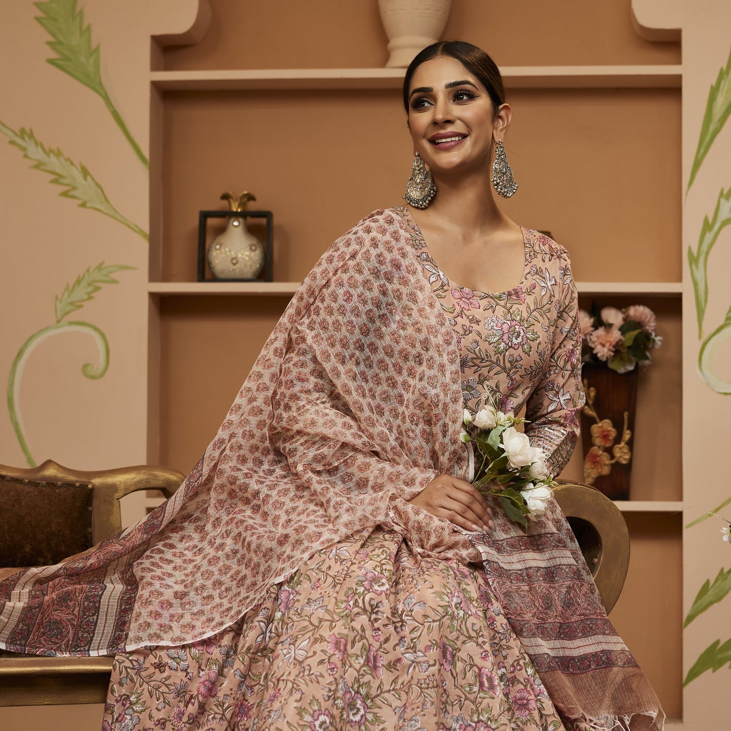Handblock Floral Printed Beige Anarkali Cotton Kurta Set, Trousers & Dupatta