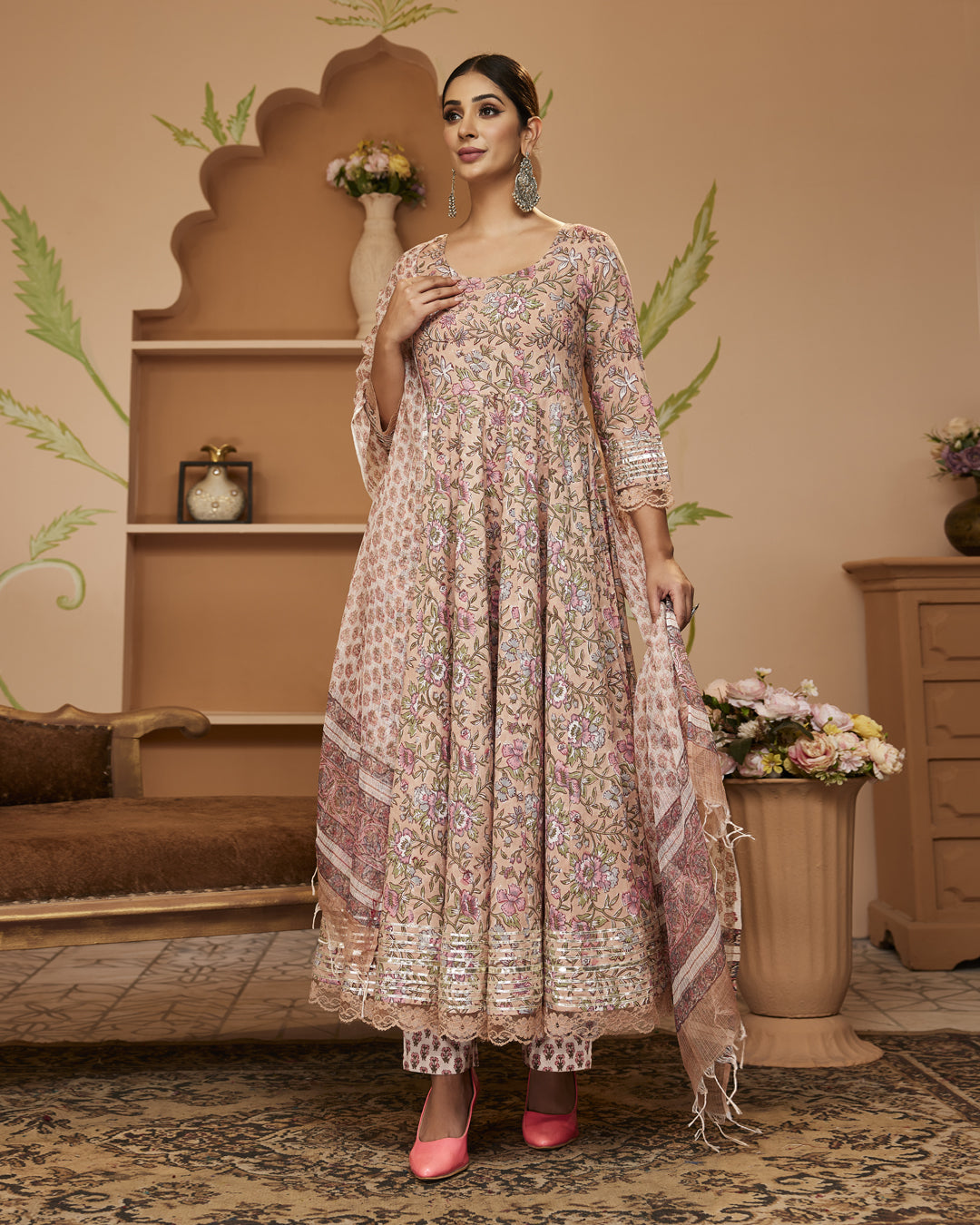 Handblock Floral Printed Beige Anarkali Cotton Kurta Set, Trousers & Dupatta